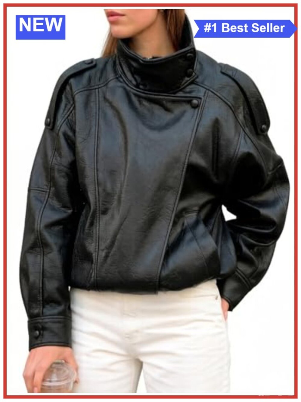Faux Leather Jacket Stand Collar Oversized Loose Fit Long Sleeve Casual